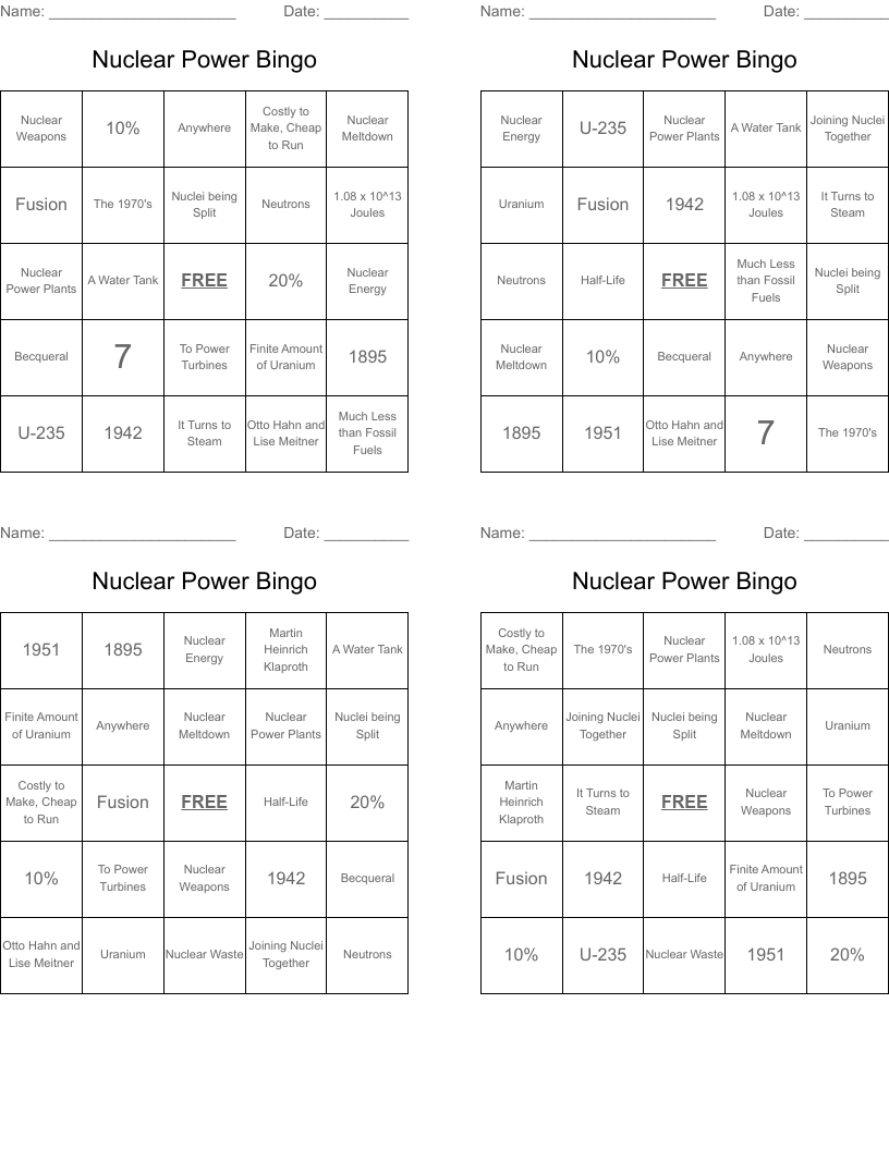 Nuclear Power Bingo