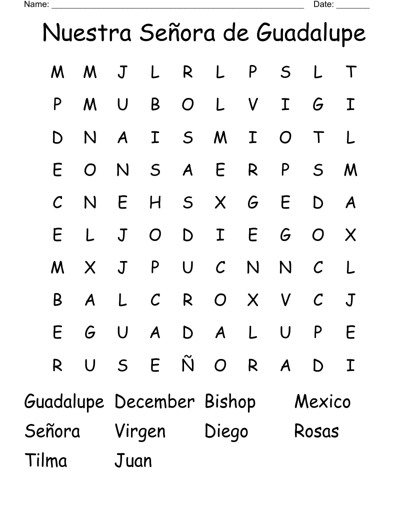 Nuestra Señora de Guadalupe Word Search