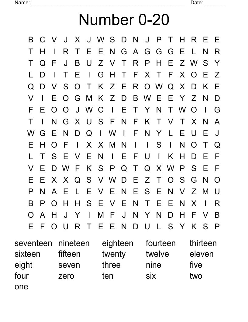 Number 0-20 Word Search