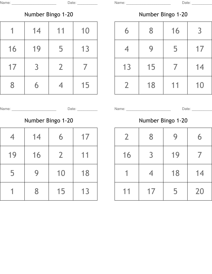 Number Bingo 1-20