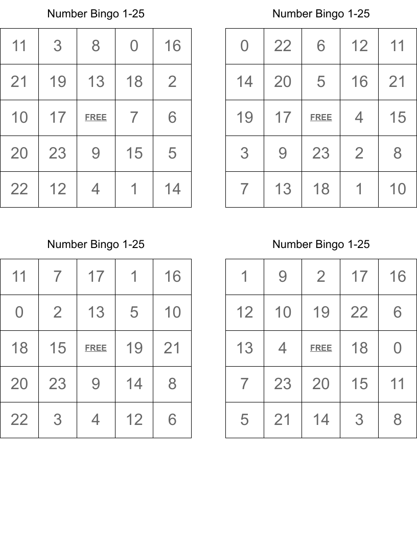 Number Bingo 1-25