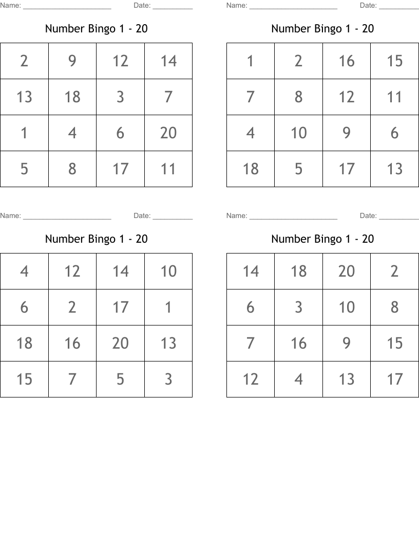 Number Bingo 1 - 20