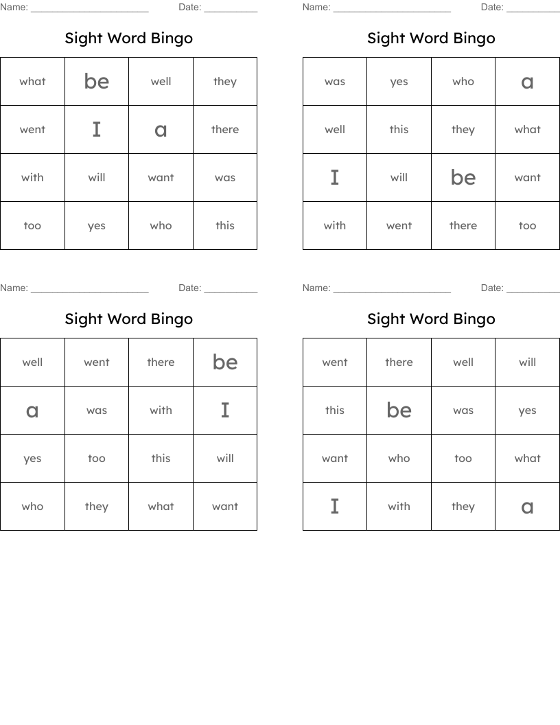 Sight Word Bingo