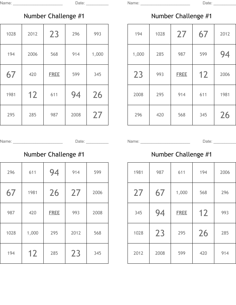 Number Challenge #1 Bingo Cards
