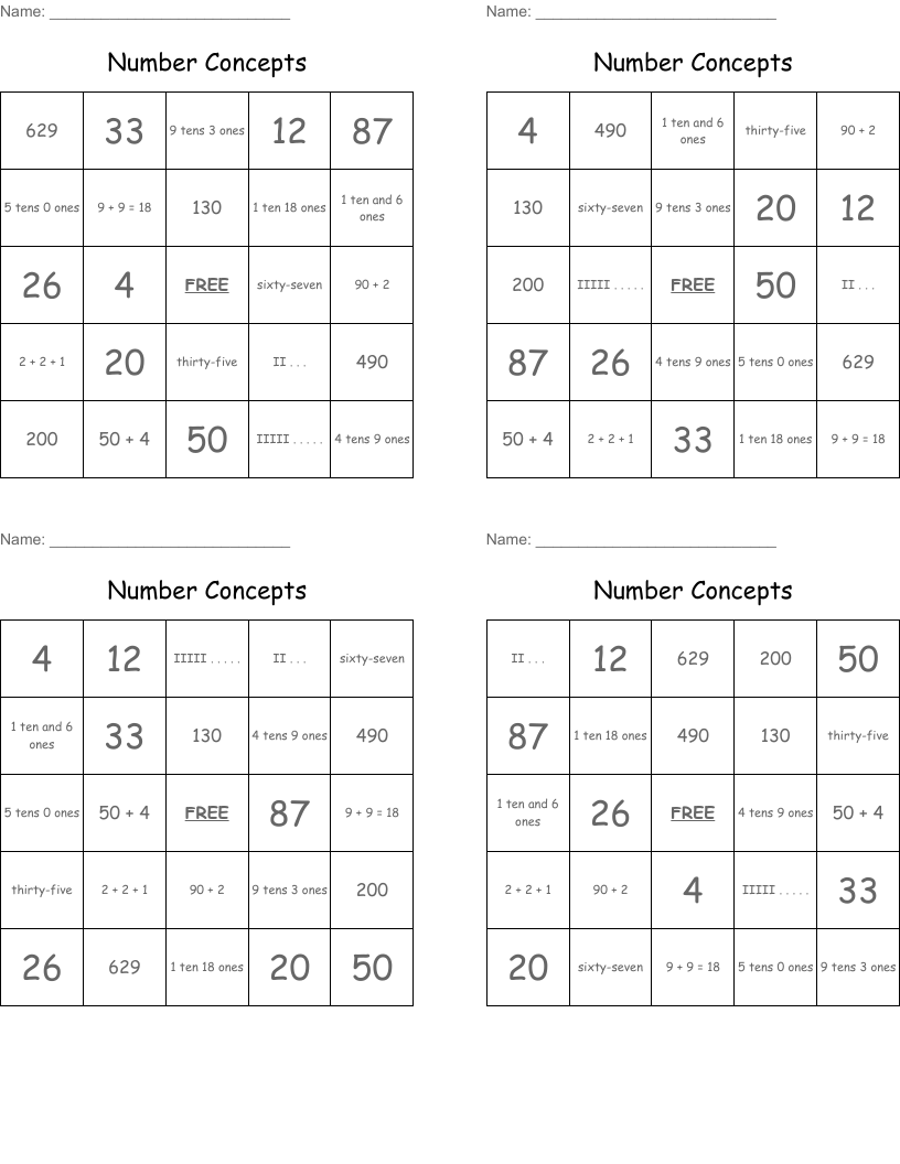 Number Concepts  Bingo Cards