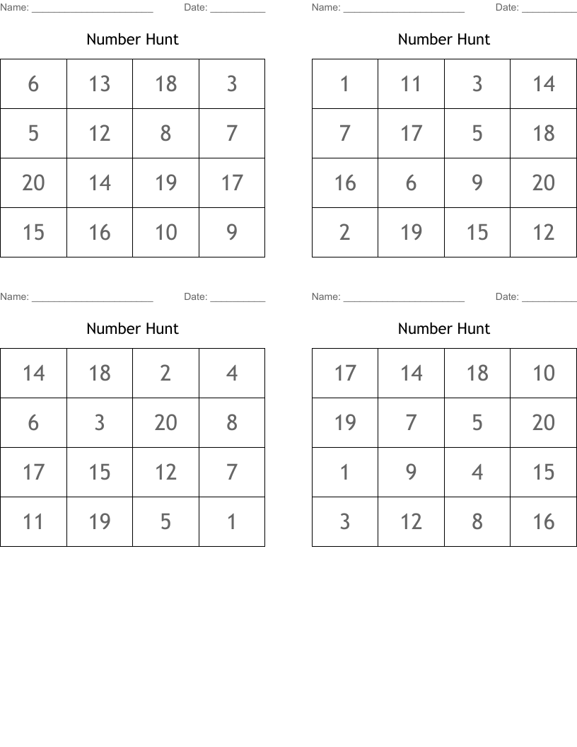 Number Hunt Bingo Cards