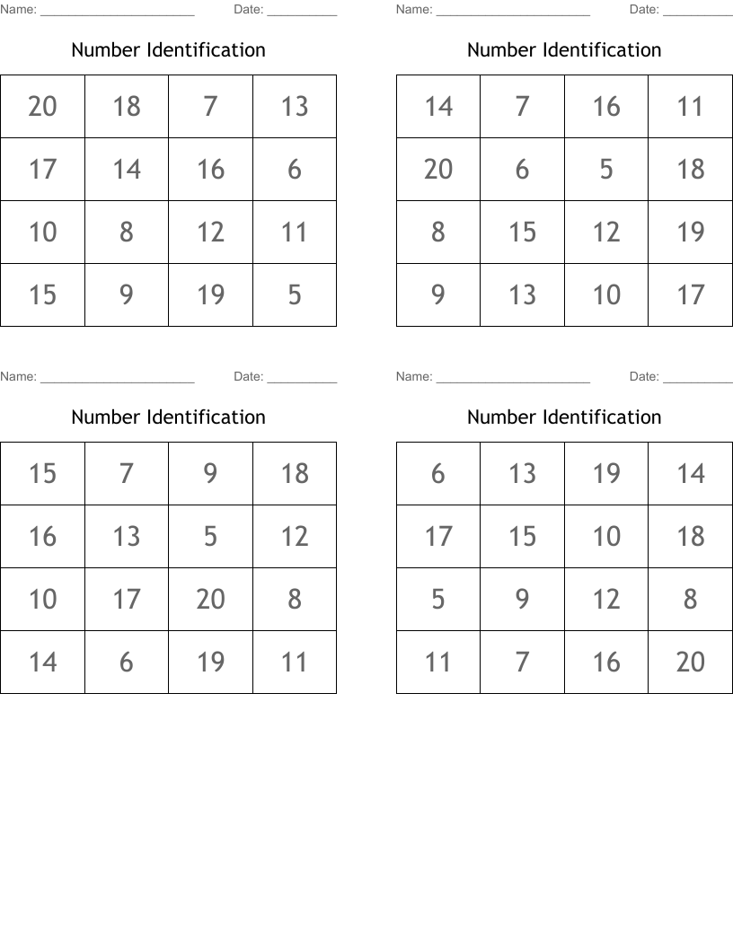 Number Identification Bingo Cards