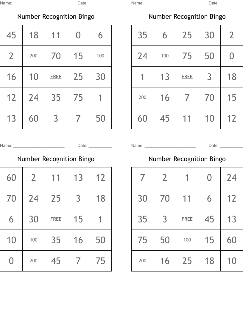 Number Recognition Bingo