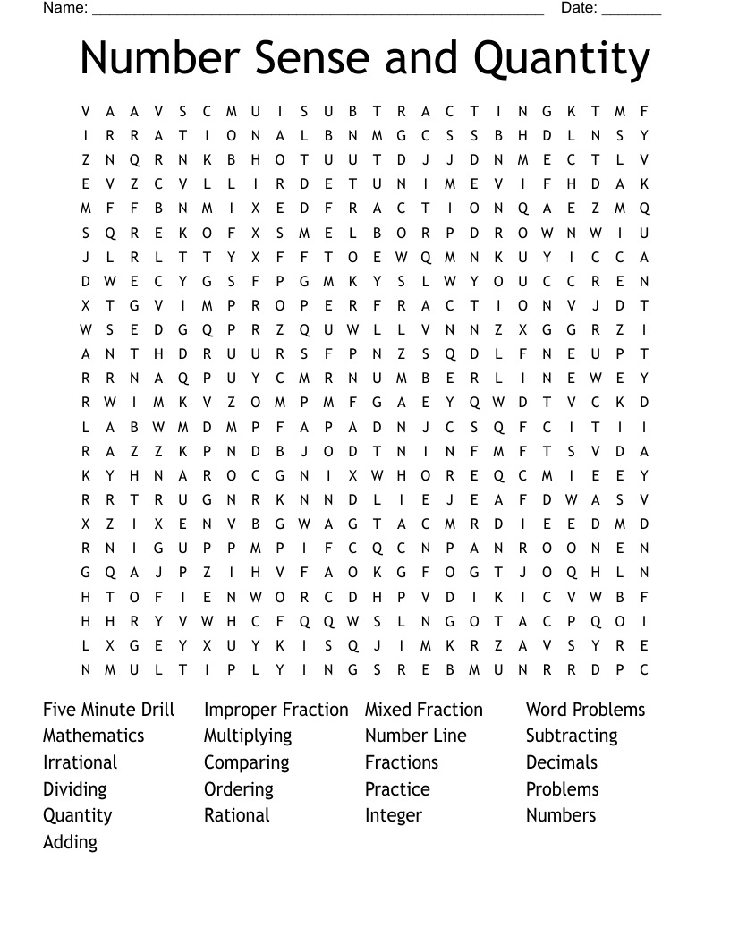 Number Sense and Quantity Word Search