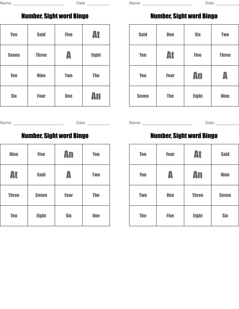 Number, Sight word Bingo