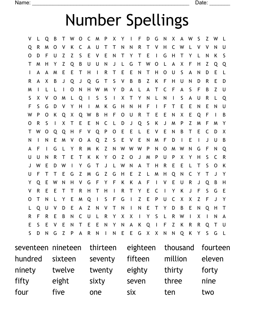 Number Spellings Word Search