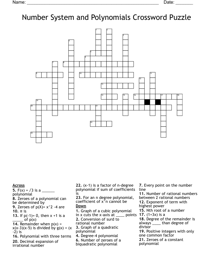 Number System and Polynomials Crossword Puzzle