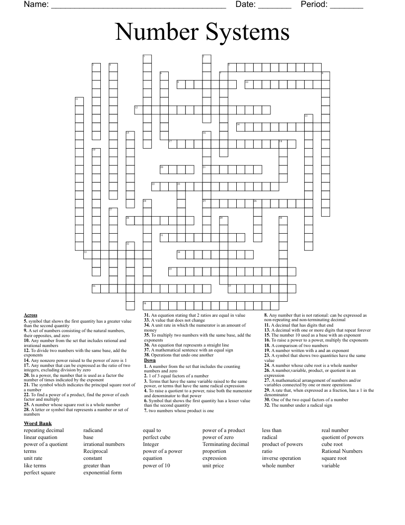 Number Systems Crossword