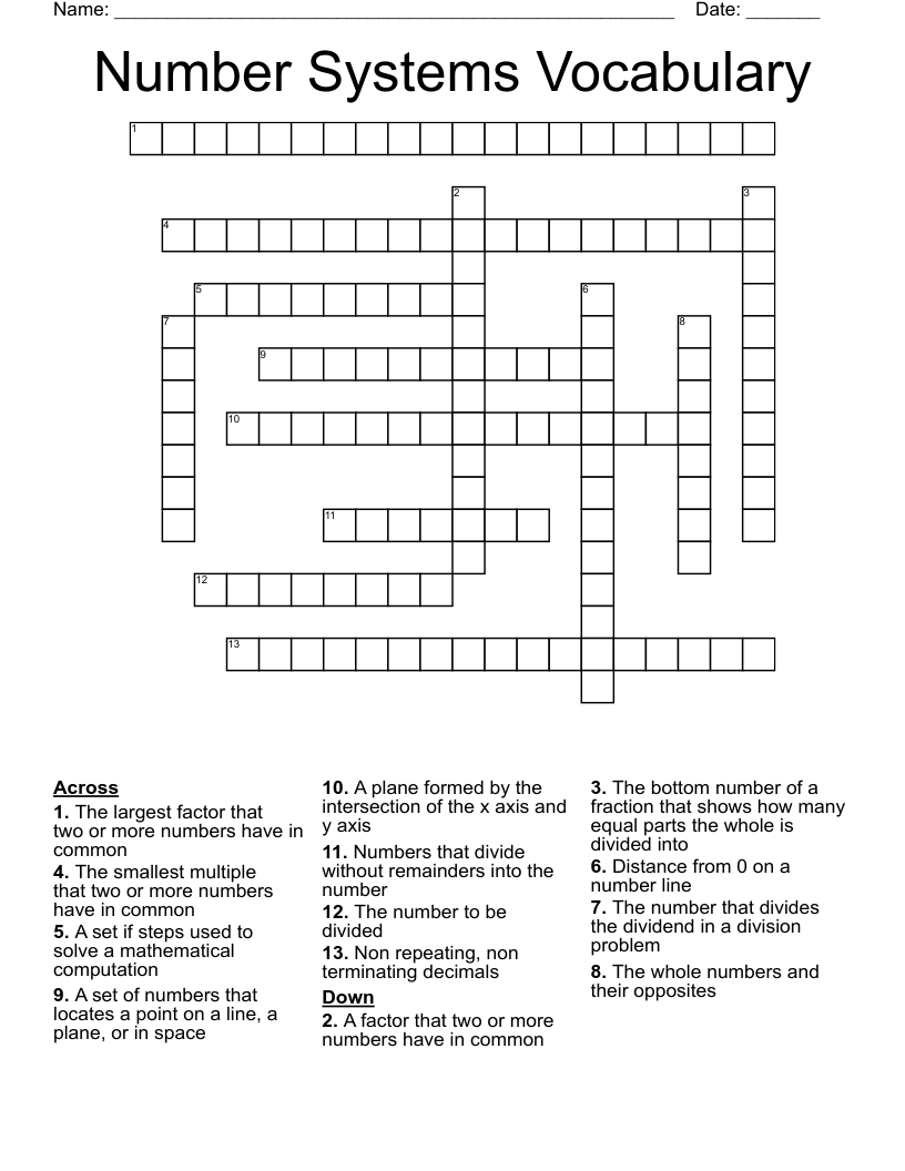 Number Systems Vocabulary Crossword