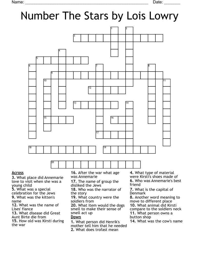 Number The Stars by Lois Lowry Crossword