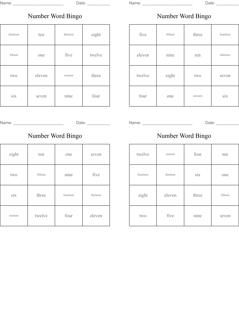 Number Word Bingo