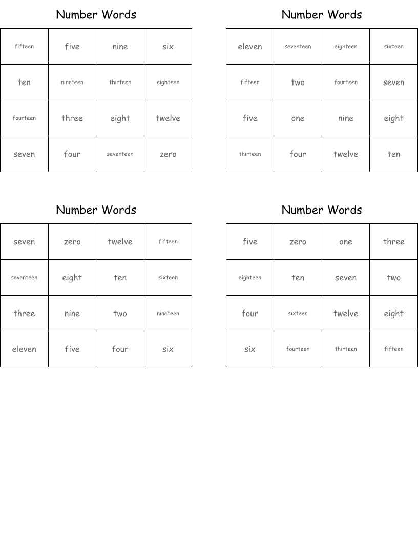 Number Words Bingo Cards