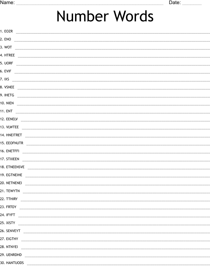 Number Words Word Scramble