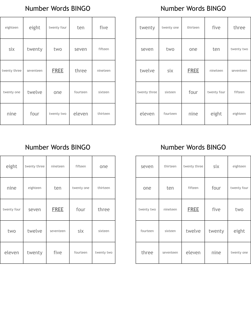 Number Words BINGO