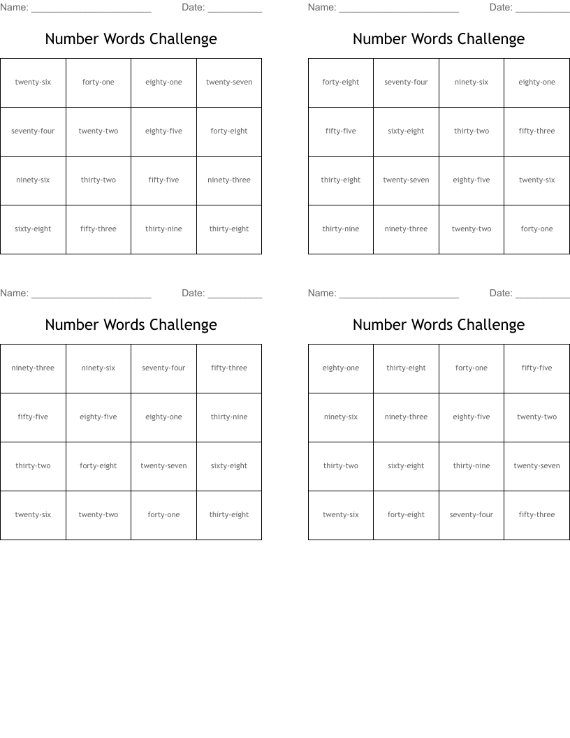 Number Words Challenge Bingo Cards