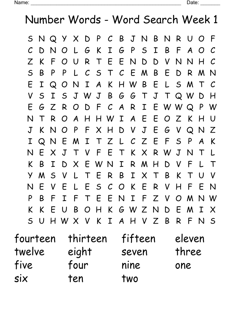 Number Words - Word Search Week 1