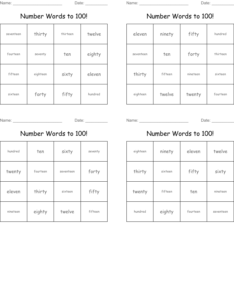 Number Words to 100! Bingo Cards