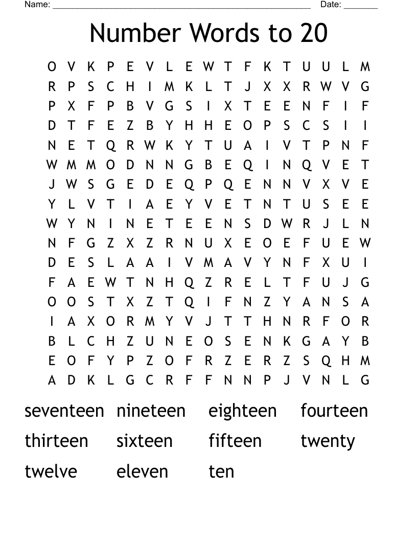 Number Words to 20 Word Search