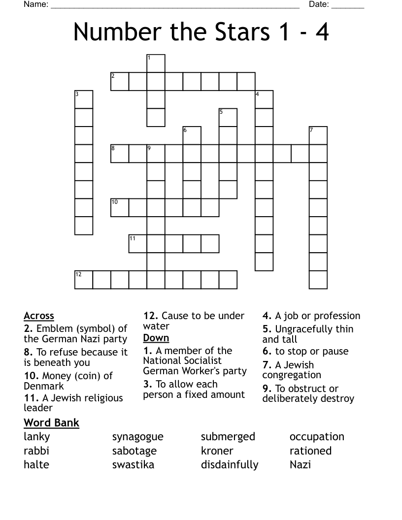 Number the Stars 1 - 4 Crossword