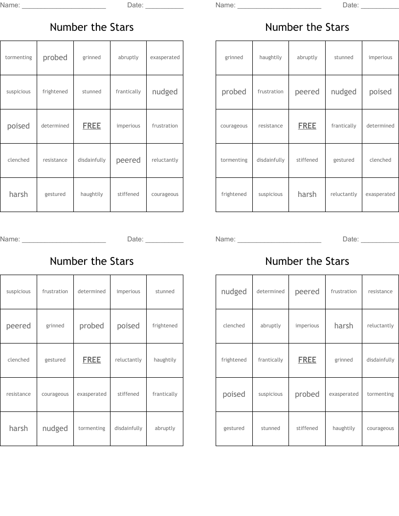 Number the Stars Bingo Cards