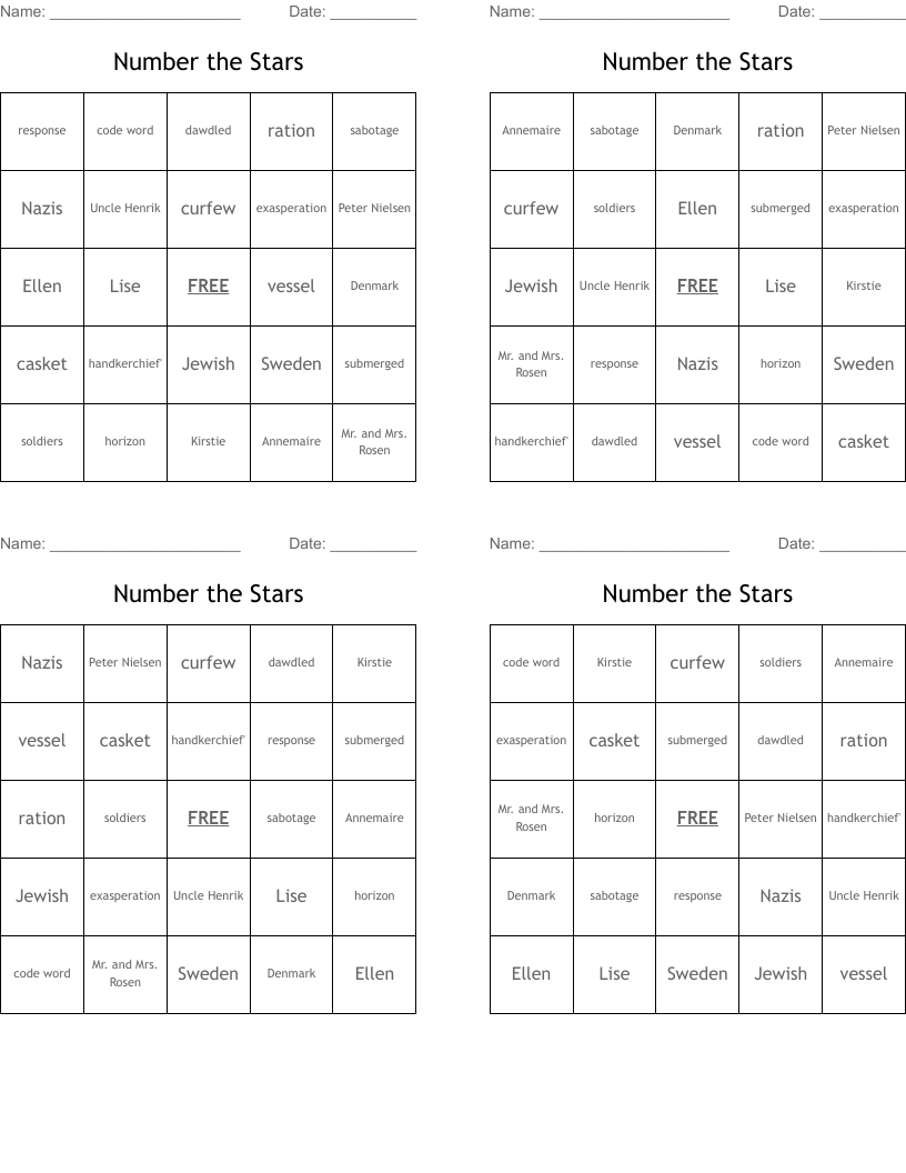 Number the Stars Bingo Cards