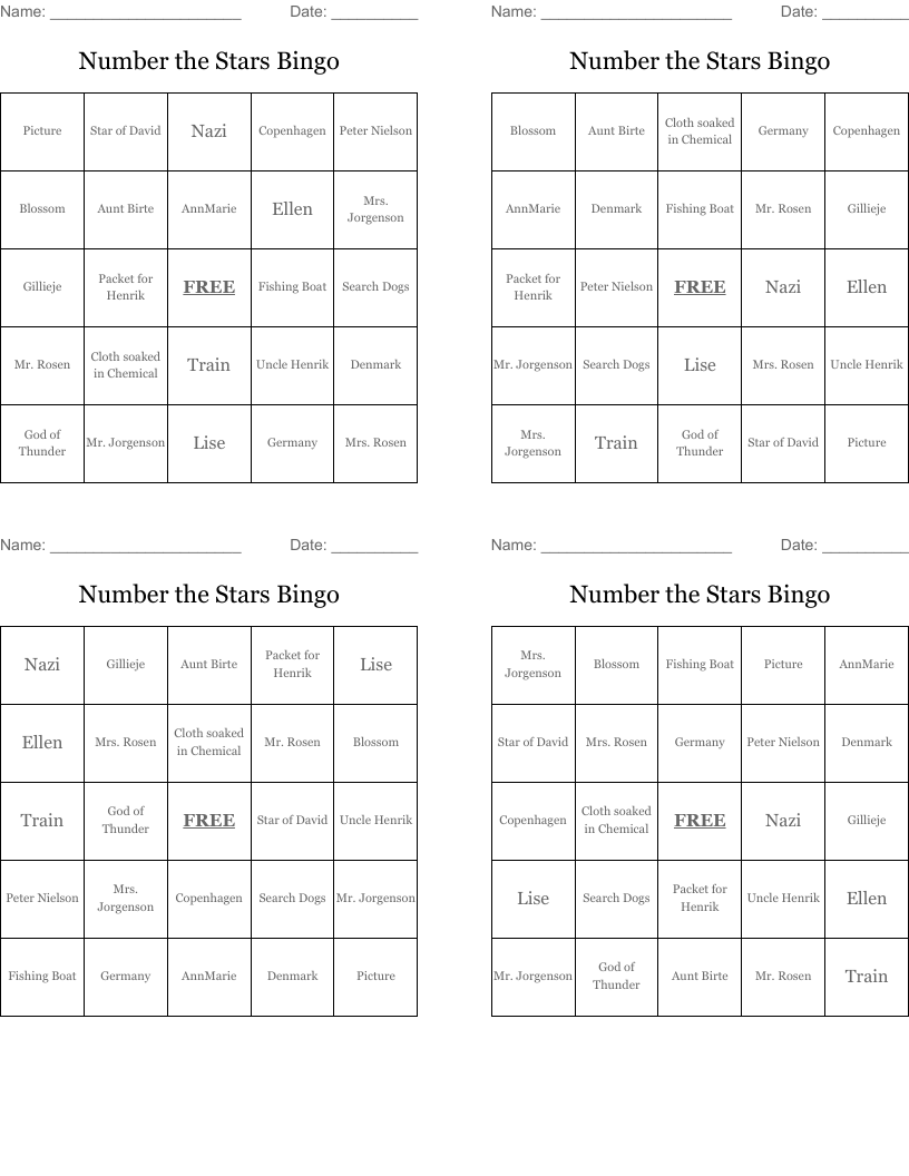 Number the Stars Bingo