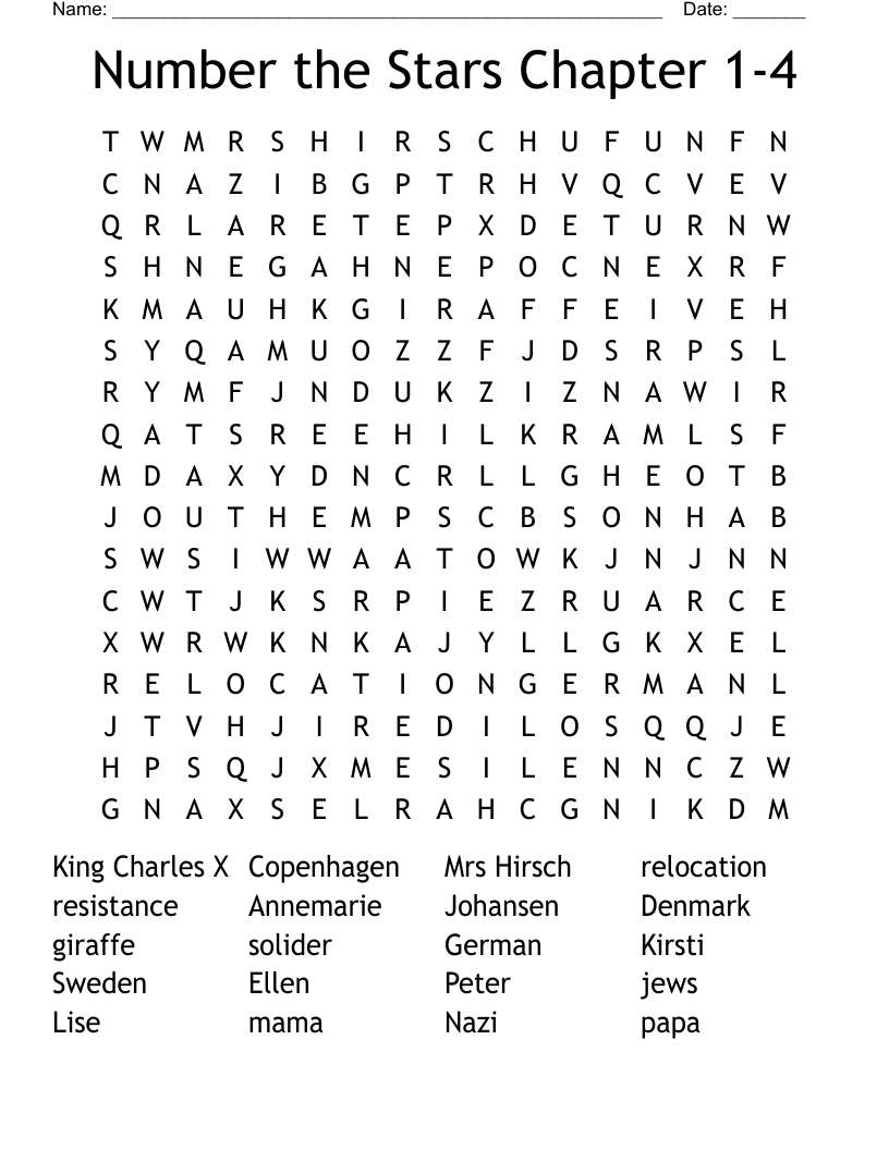 Number the Stars Chapter 1-4 Word Search