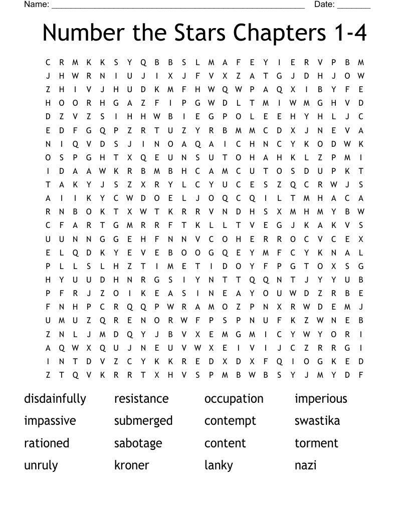 Number the Stars Chapters 1-4 Word Search