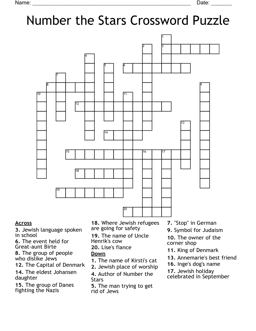 Number the Stars Crossword Puzzle