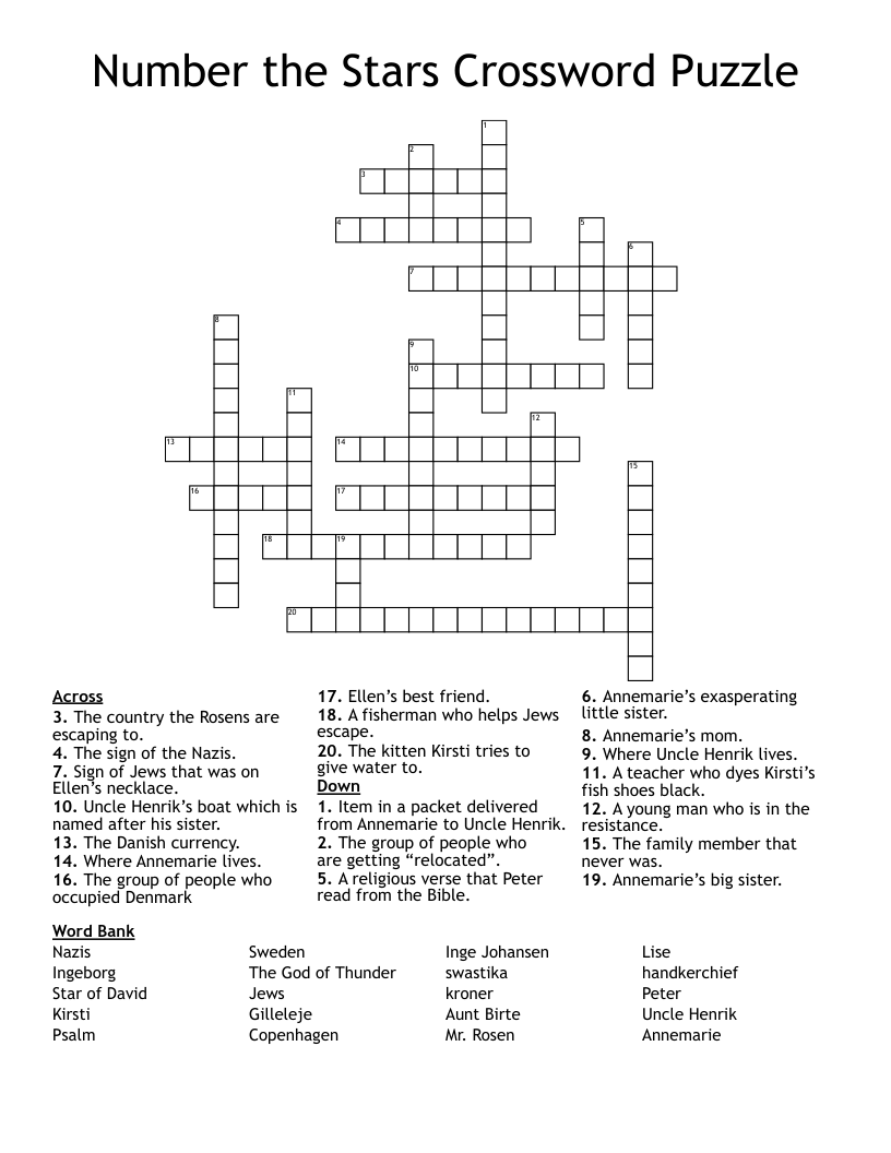 Number the Stars Crossword Puzzle
