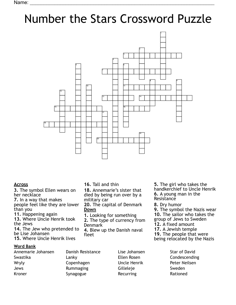 Number the Stars Crossword Puzzle