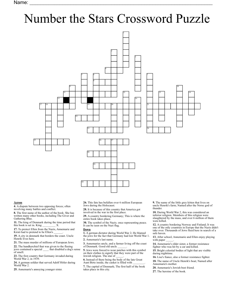 Number the Stars Crossword Puzzle