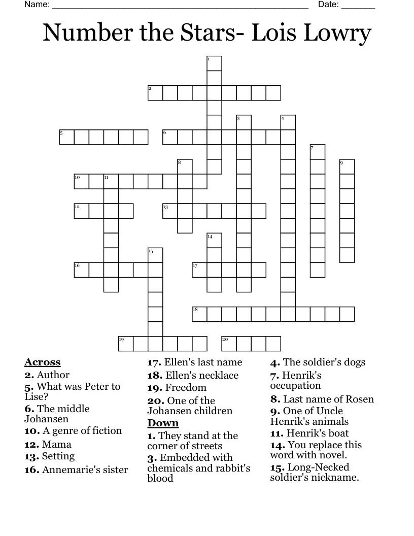 Number the Stars- Lois Lowry Crossword