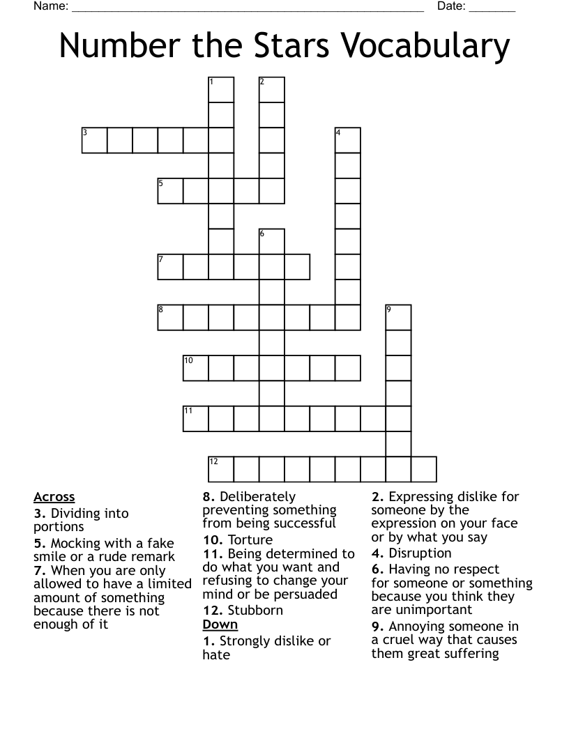 Number the Stars Vocabulary Crossword