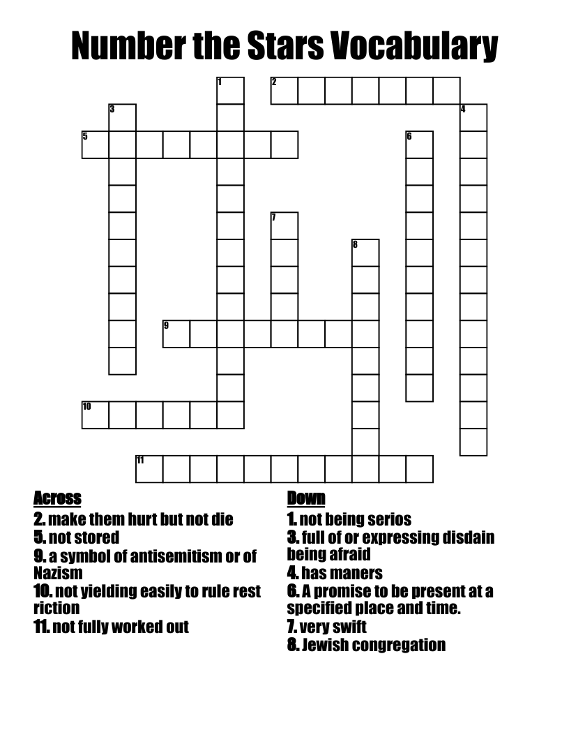Number the Stars Vocabulary Crossword