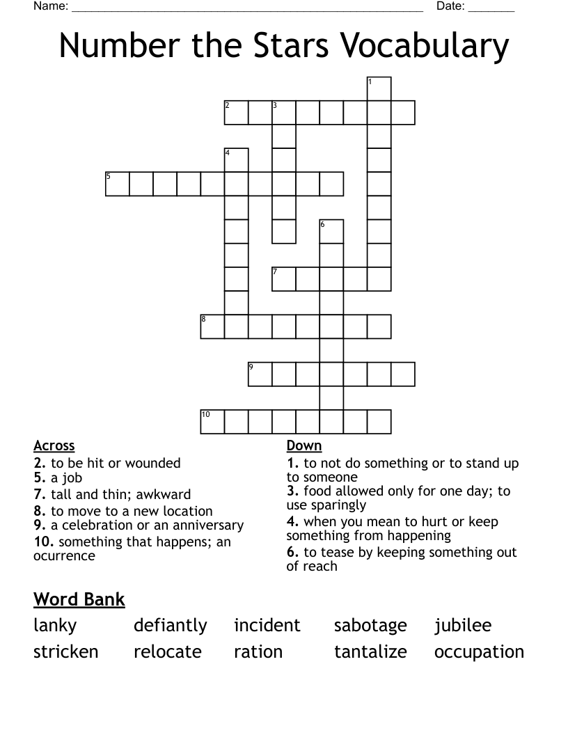 Number the Stars Vocabulary Crossword