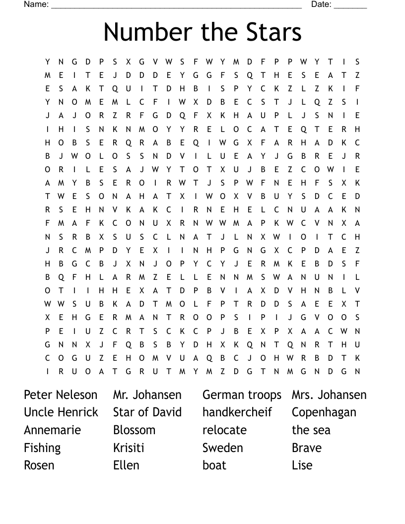 Number the Stars  Word Search