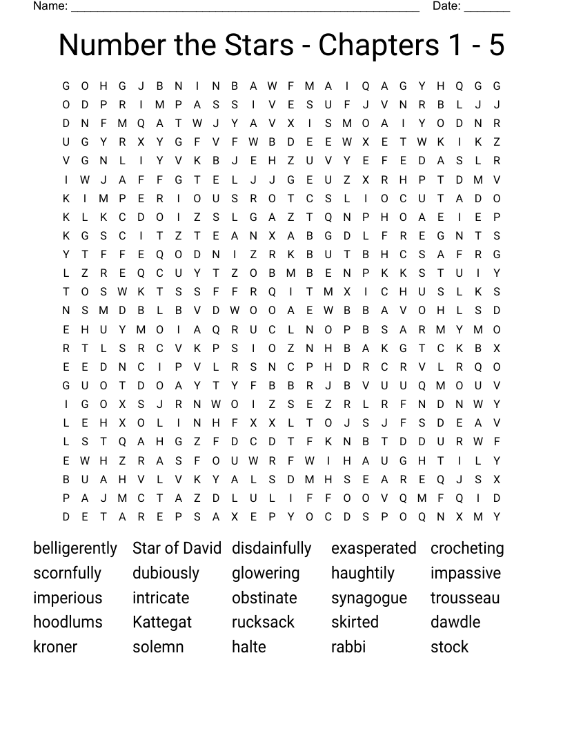 Number the Stars - Chapters 1 - 5 Word Search