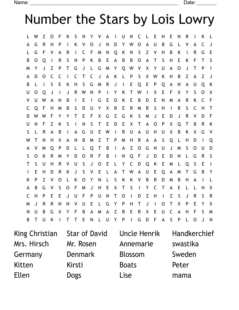 Number the Stars by Lois Lowry Word Search