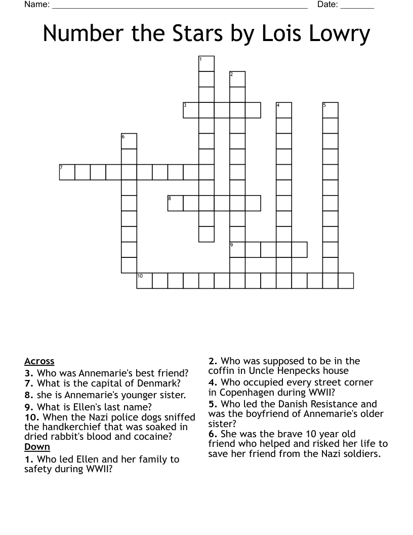 Number the Stars by Lois Lowry Crossword