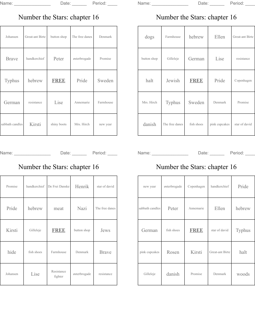 Number the Stars: chapter 16 Bingo Cards