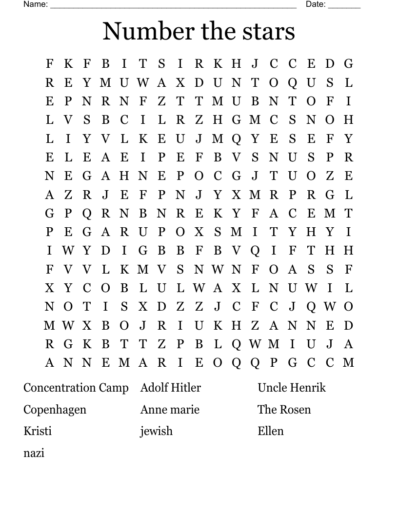 Number the stars Word Search