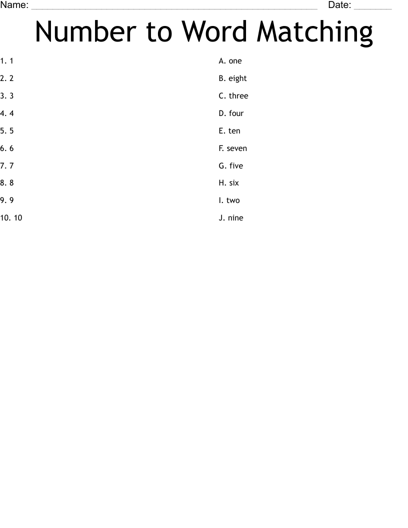 Number to Word Matching Worksheet