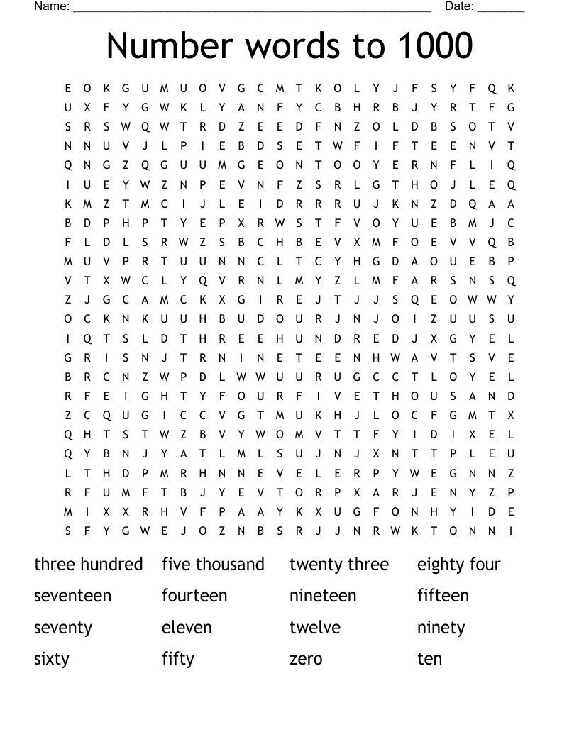 Number words to 1000 Word Search