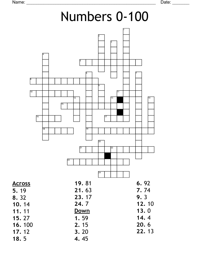 Numbers 0-100 Crossword